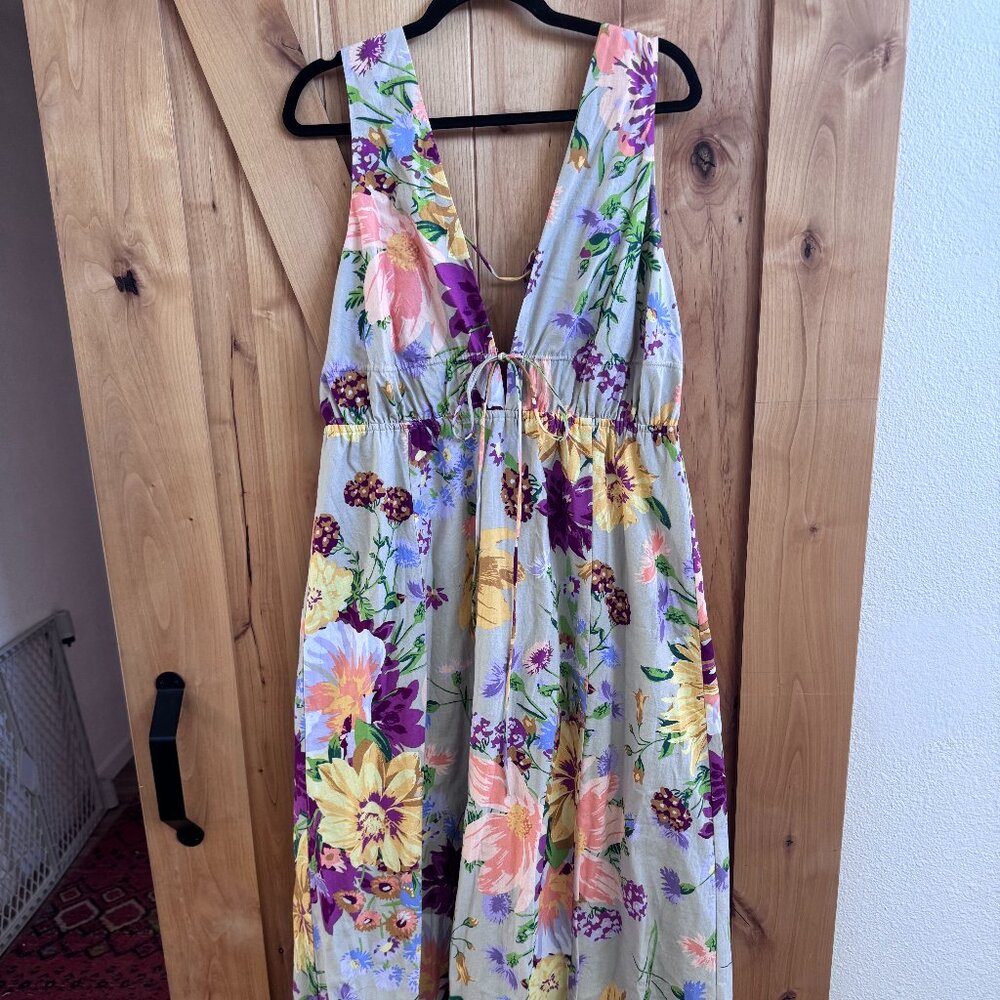 Floral H&M Linen blend Dress, deep V, Size L- Never Worn, tags still on